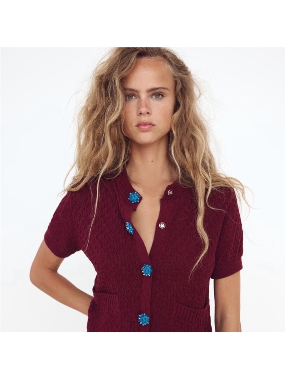 Zara Burgundy Knit Short-Sleeve Cardigan with Blue Spike Accent Snaps XL Pockets